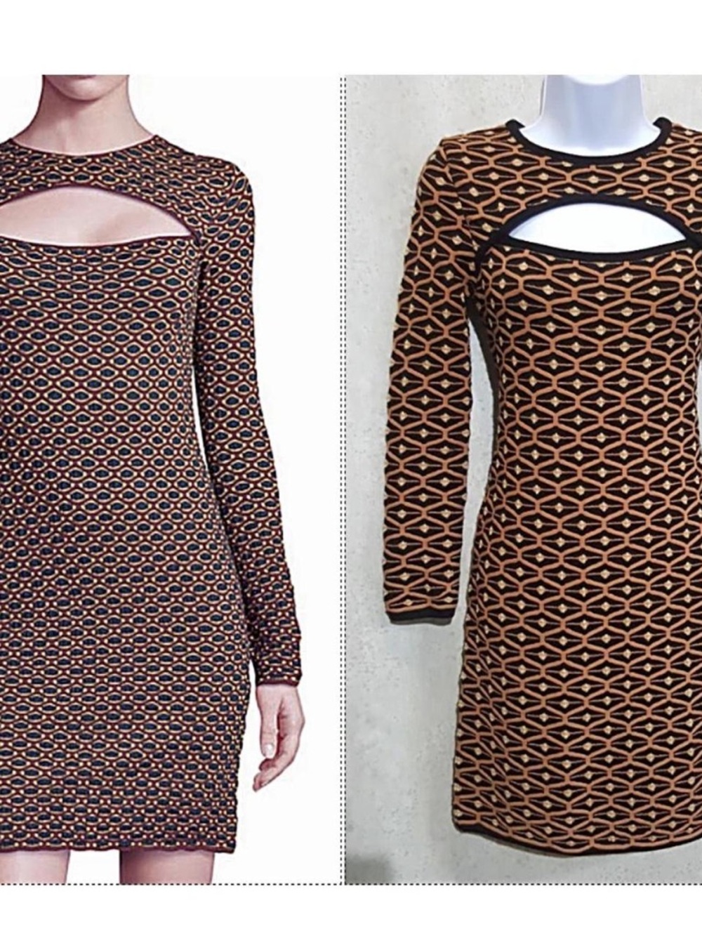 Missoni Cutout Knit Bodycon Dress in Tan and Black Geometric trellis- Size Small